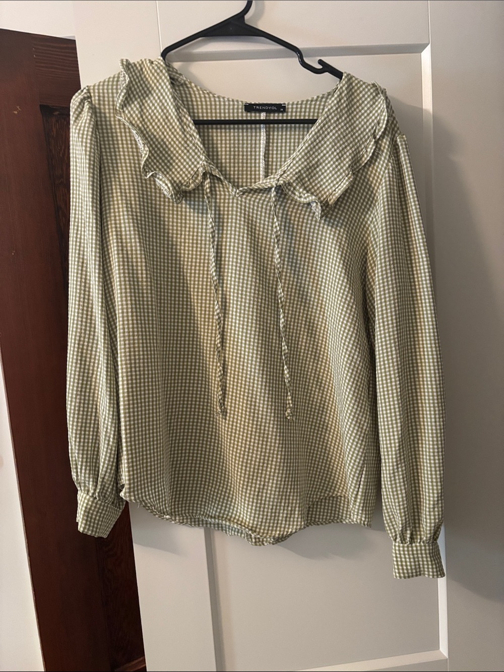 Trendyol Light Green Gingham Ruffle Collar Tie-Front Blouse